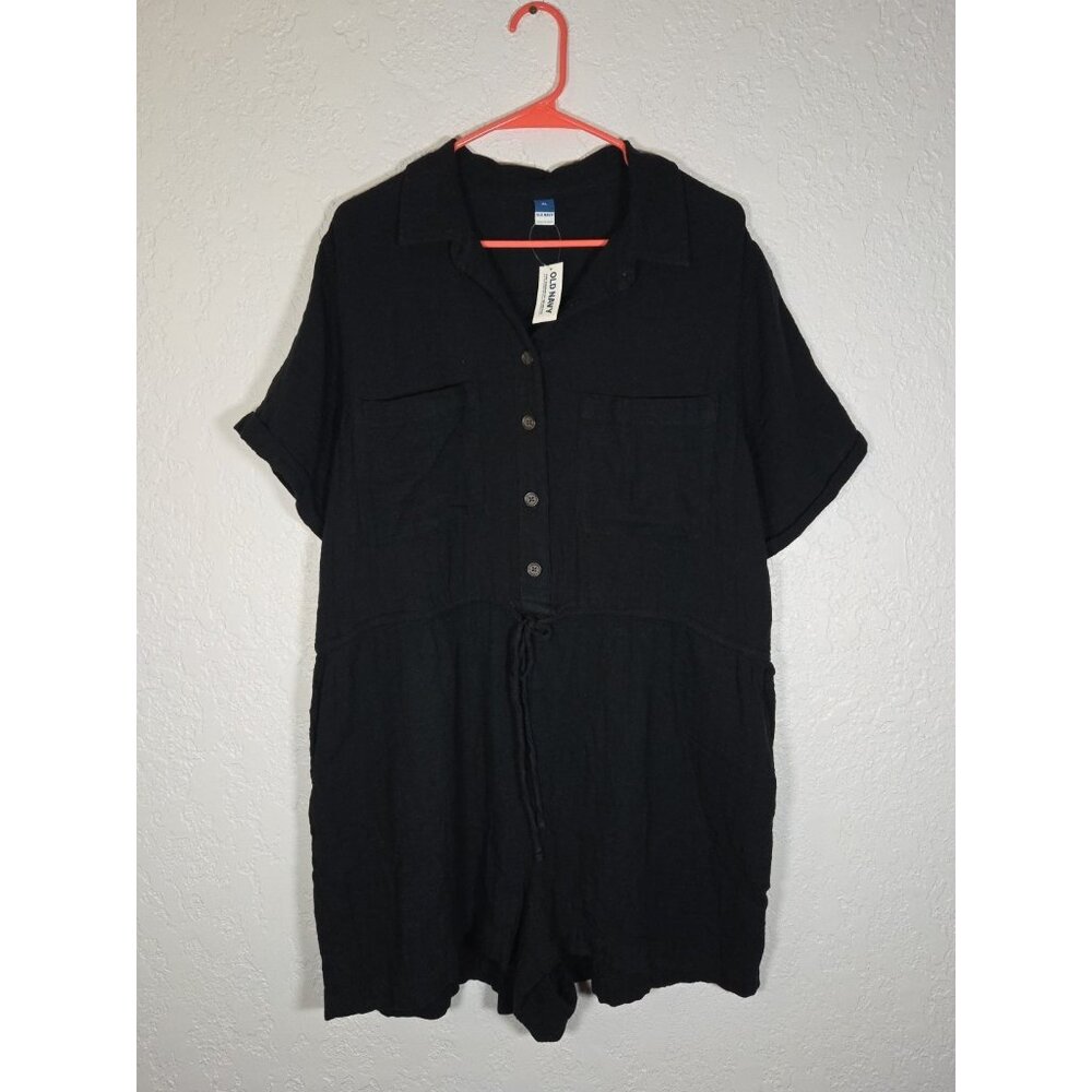 NWT Old Navy Collared Shorts Romper Gauze Drawstring Waist Size XL Black